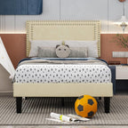 Twin Size - Set of 2  - Dorm Style Beige Tufted Upholstered Platform Beds