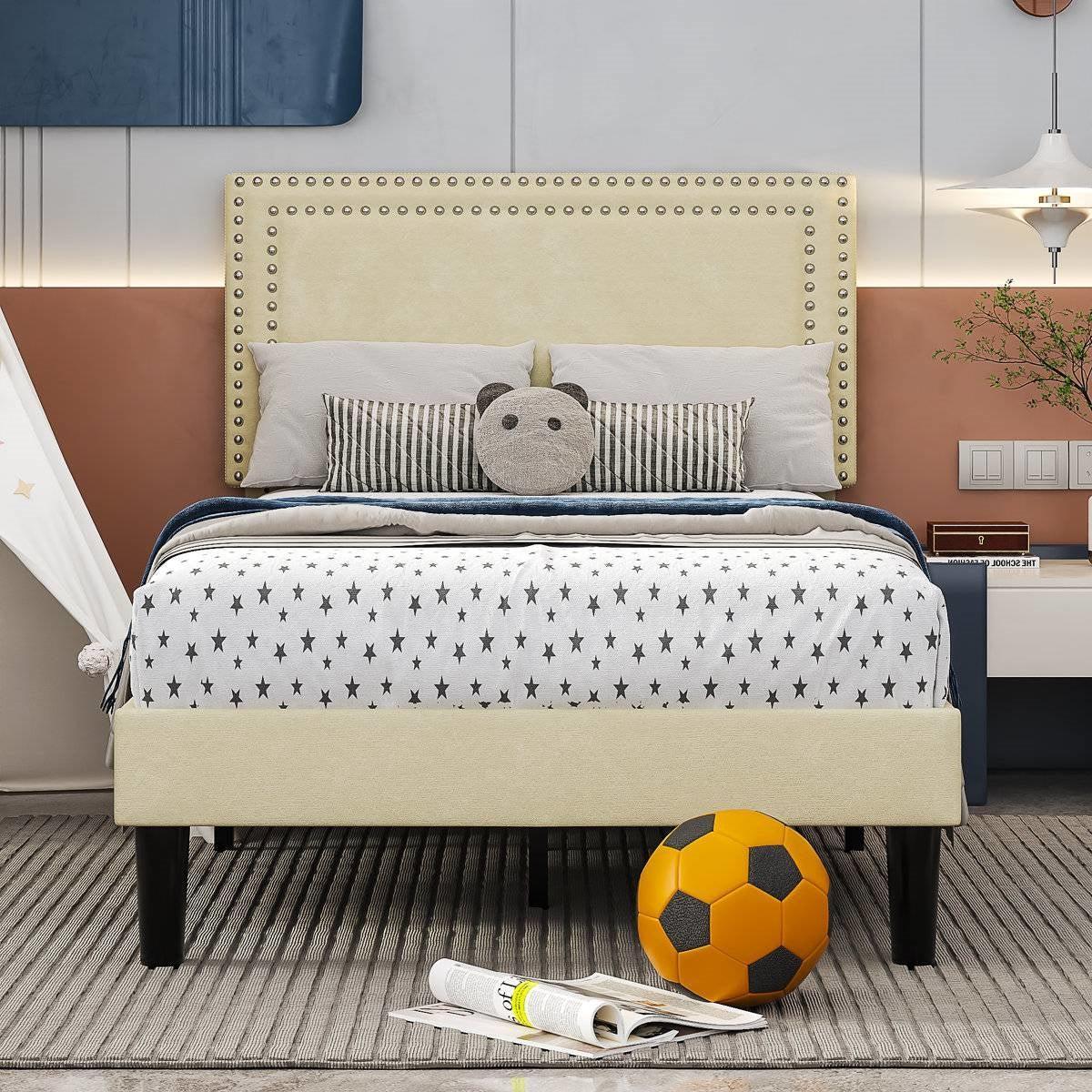 Twin Size - Set of 2  - Dorm Style Beige Tufted Upholstered Platform Beds