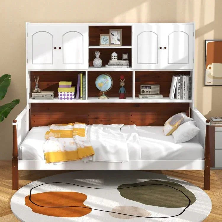 Twin size Vintage White Walnut Daybed with Bookcase Storage Cabinet Headboard