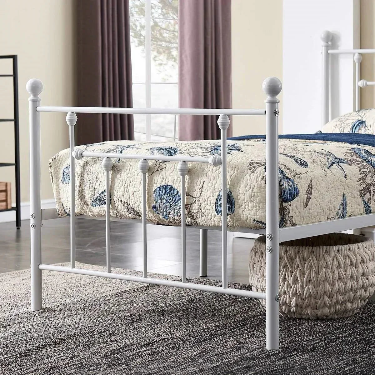 Twin Victorian Style White Metal Platform Bed Frame with Headboard Footboard