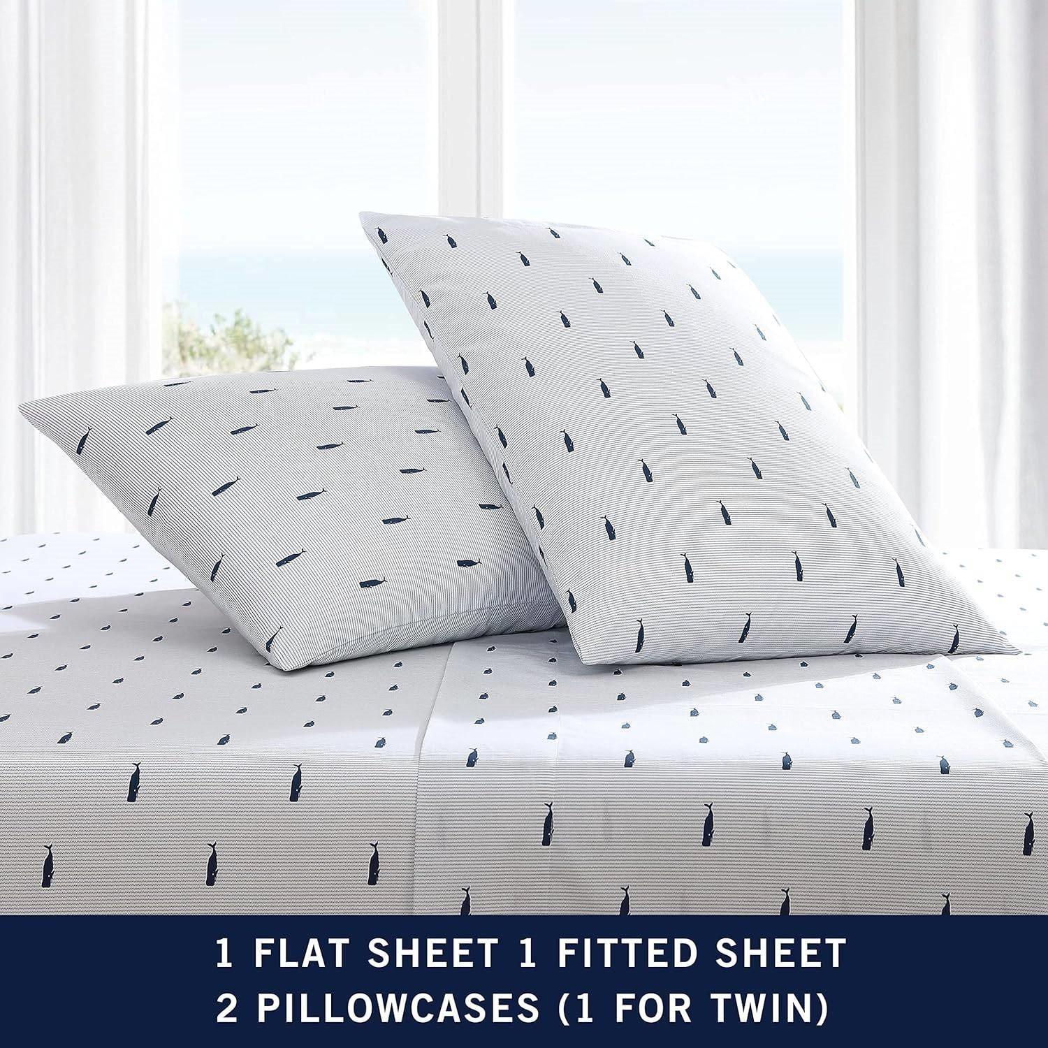 Twin XL size Coastal Beach 100-Percent Cotton Navy Blue White Stripe Sheet Set