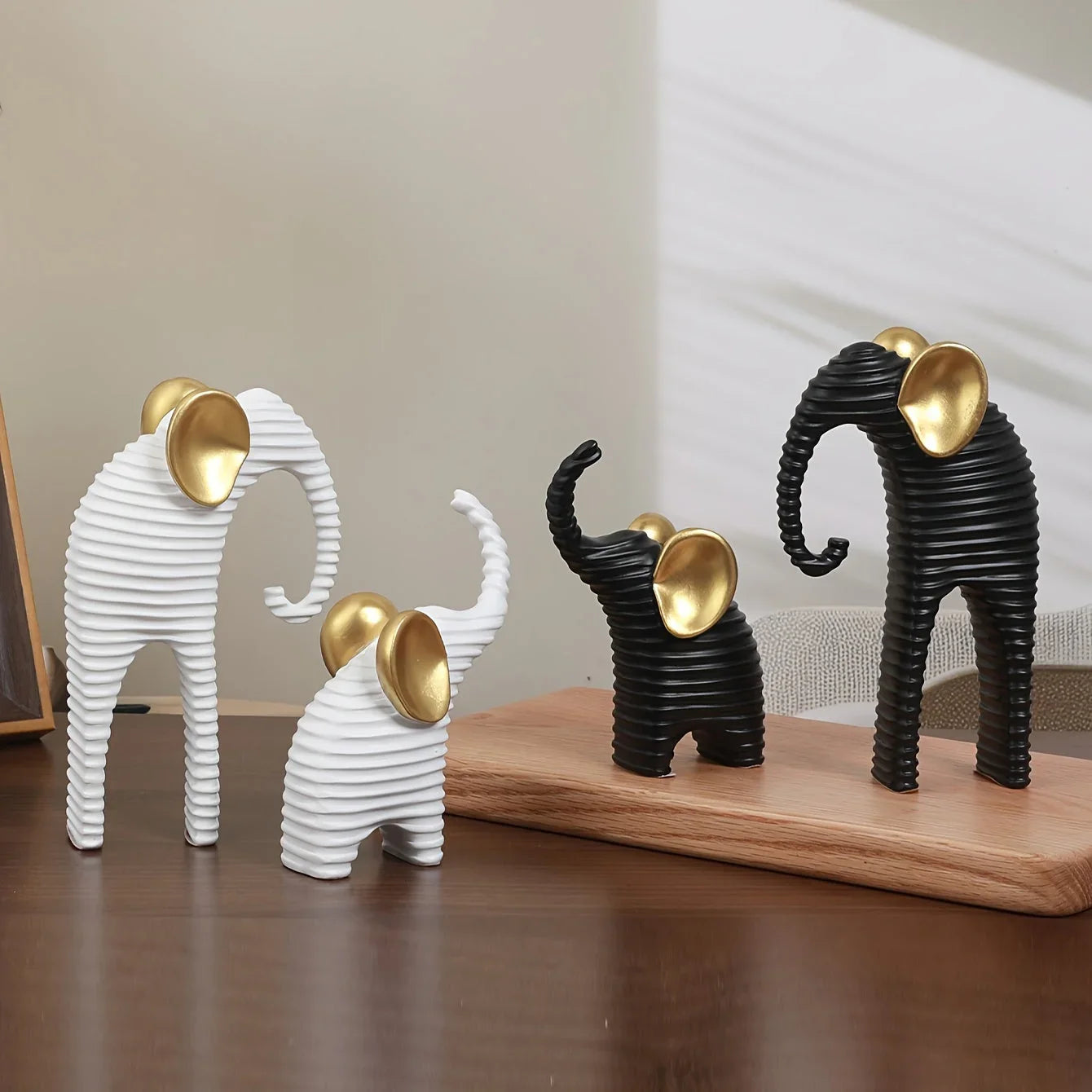 Two High-End Black And Golden/White And Golden Parent- Elephant Figurines for Home Decor, Suitable for Living Rooms, Entryways, Wine Cabinets, And TV Stands. House Of Avana