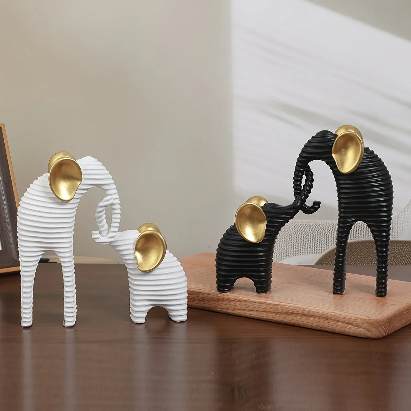 Two High-End Black And Golden/White And Golden Parent- Elephant Figurines for Home Decor, Suitable for Living Rooms, Entryways, Wine Cabinets, And TV Stands. House Of Avana
