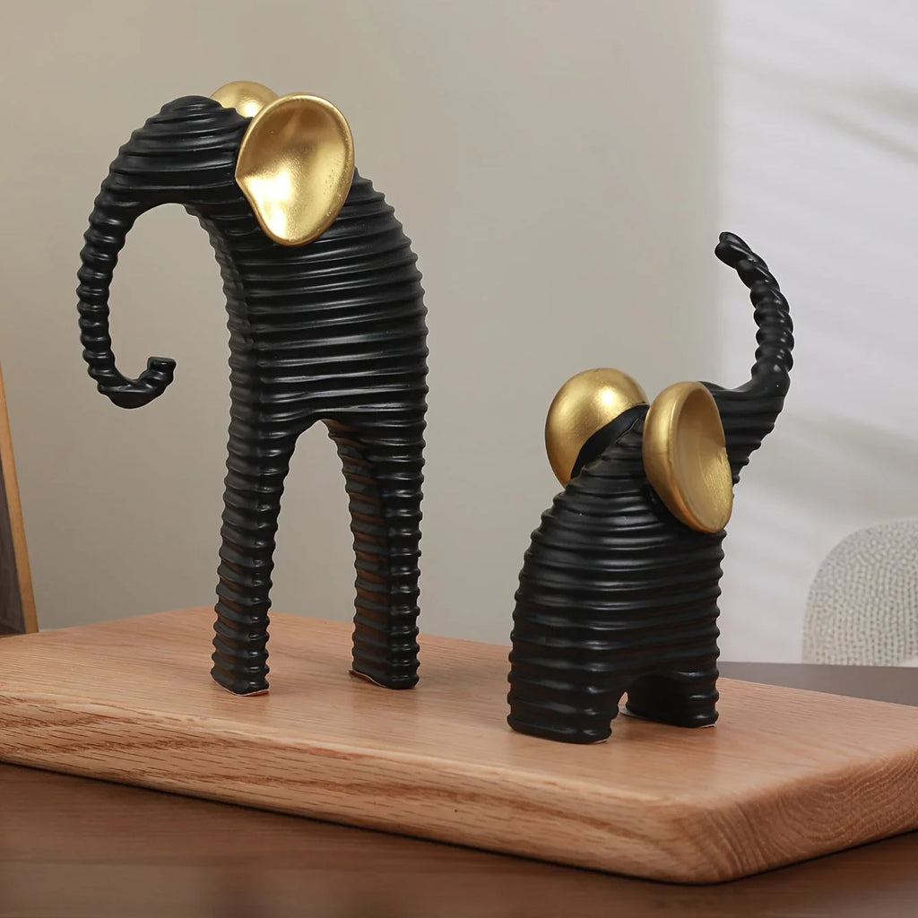 Two High-End Black And Golden/White And Golden Parent- Elephant Figurines for Home Decor, Suitable for Living Rooms, Entryways, Wine Cabinets, And TV Stands. House Of Avana