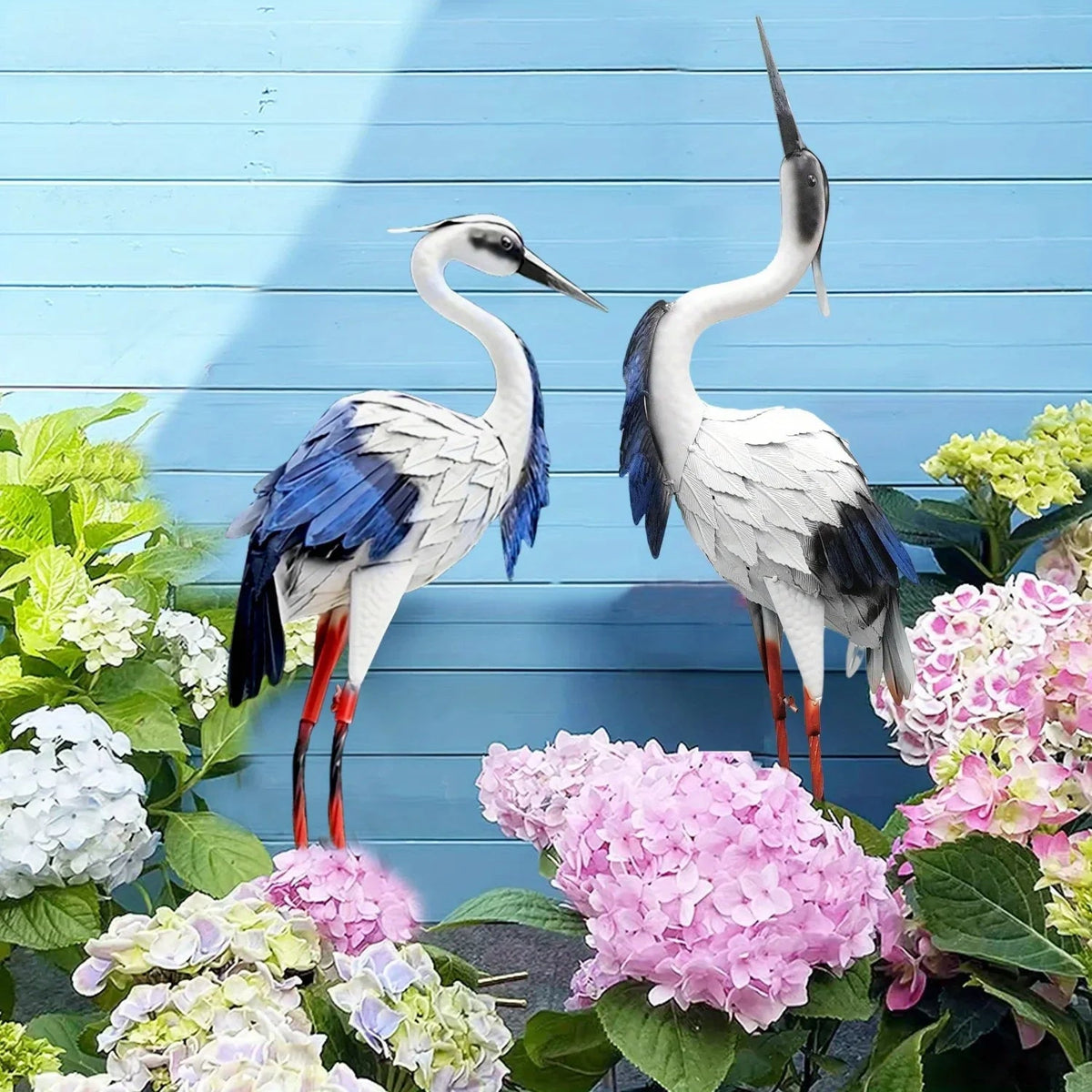 Two Pairs of Elegant White Crane Statues, with Head Up and Head Down Styles, Smooth Metal Design, Courtyard Villa Garden Decoration, Lawn and Gardening, Outdoor Bird Garden Decoration, Metal Crafts House Of Avana [[SKU:HOA-GDN-008]]