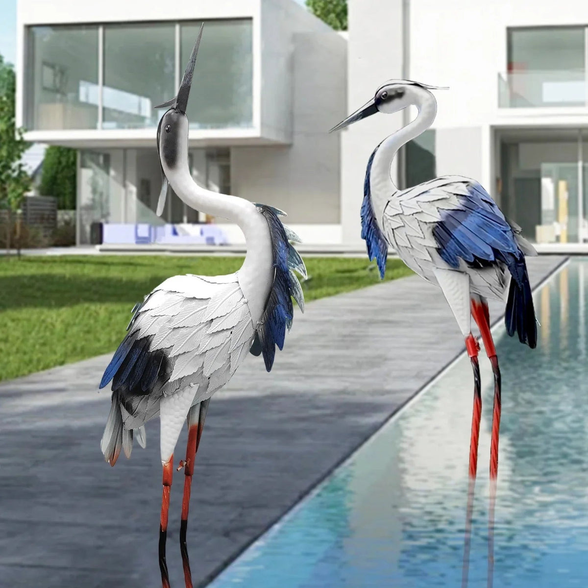 Two Pairs of Elegant White Crane Statues, with Head Up and Head Down Styles, Smooth Metal Design, Courtyard Villa Garden Decoration, Lawn and Gardening, Outdoor Bird Garden Decoration, Metal Crafts House Of Avana [[SKU:HOA-GDN-008]]
