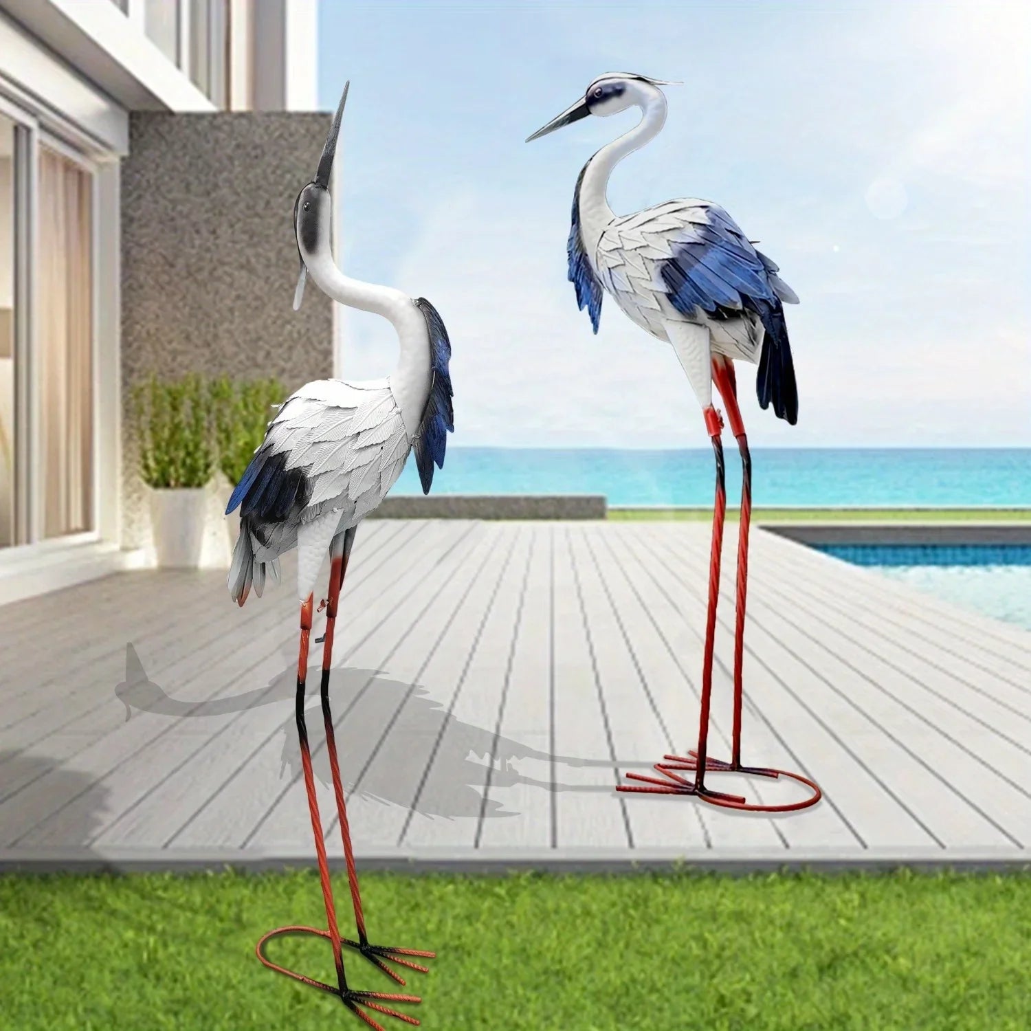 Two Pairs of Elegant White Crane Statues, with Head Up and Head Down Styles, Smooth Metal Design, Courtyard Villa Garden Decoration, Lawn and Gardening, Outdoor Bird Garden Decoration, Metal Crafts House Of Avana