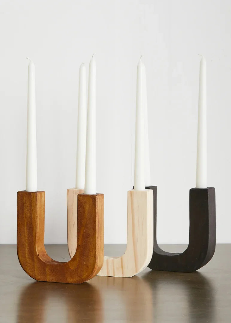 U-Shaped Wooden Double Taper Candlestick Holder Kanju Interiors