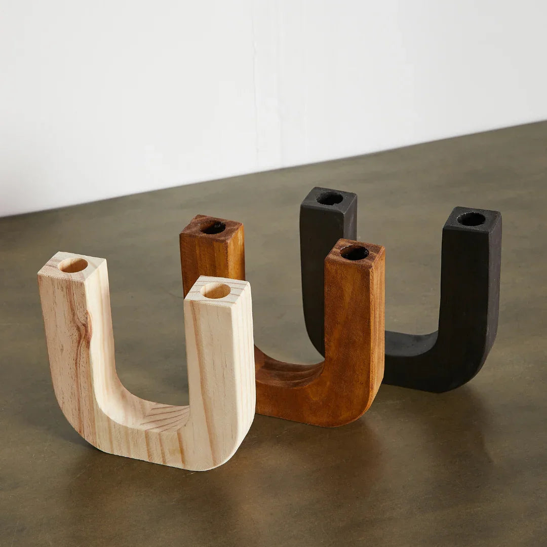 U-Shaped Wooden Double Taper Candlestick Holder Kanju Interiors