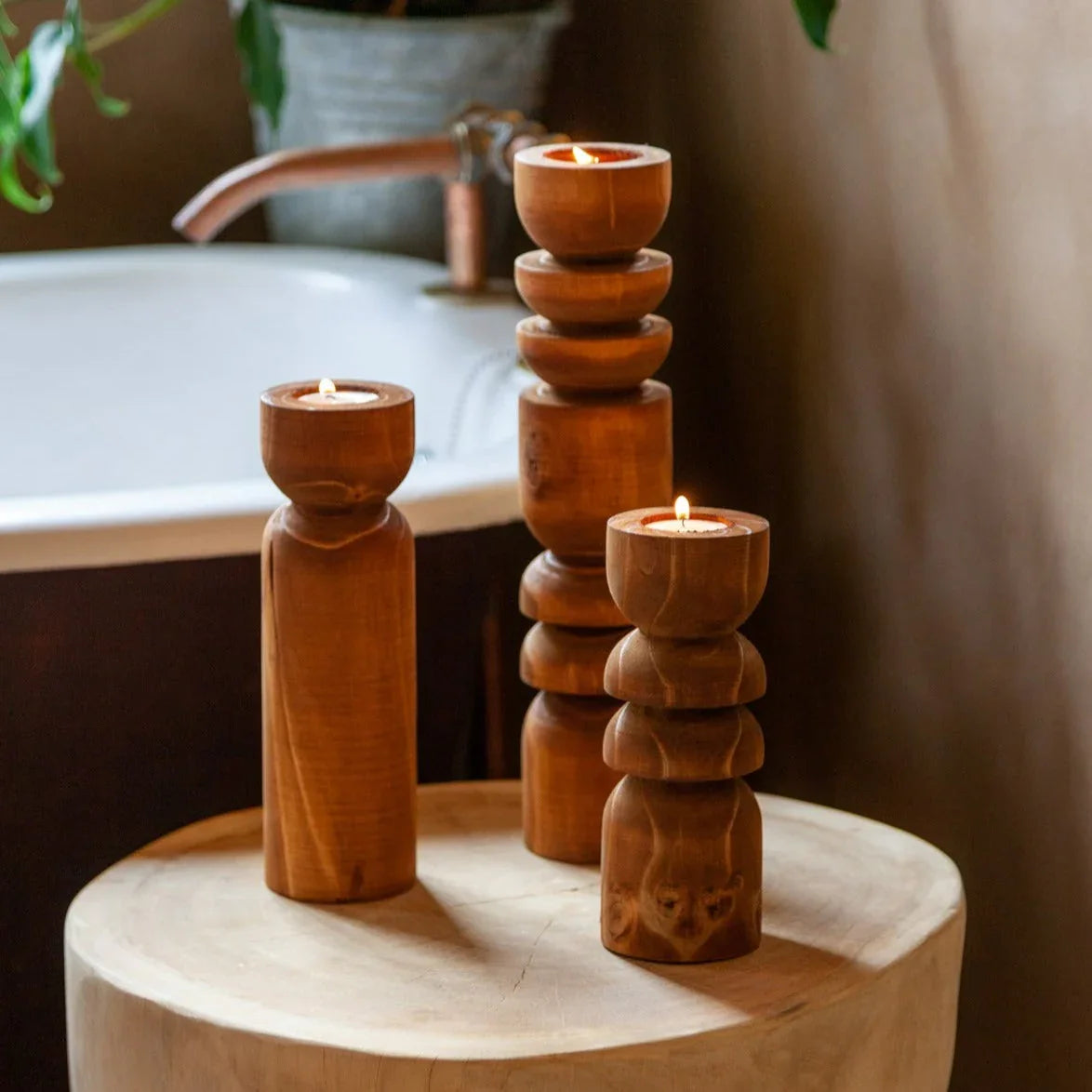 Abstract Wooden Tealight Totem Candle Holder Kanju Interiors