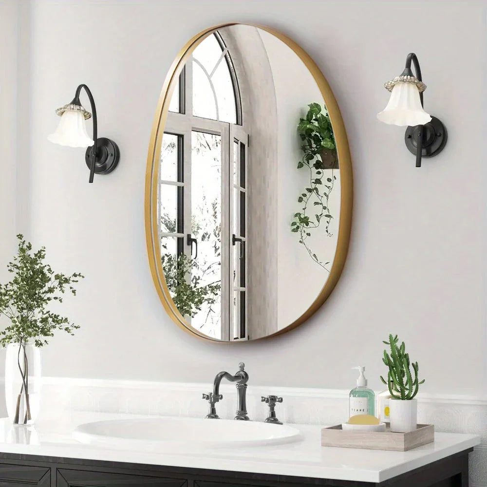 Metal Framed Mirror for Wall Modern Asymmetrical Unique Hanging Mirror Artistic Unique Oval Shape Wall Mirror Decor Bathroom Vanity Bedroom Living Room Entryway Hallway Small House Of Avana