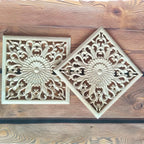 Unpainted wooden square applique, ornamental cornice detail - House of Avana