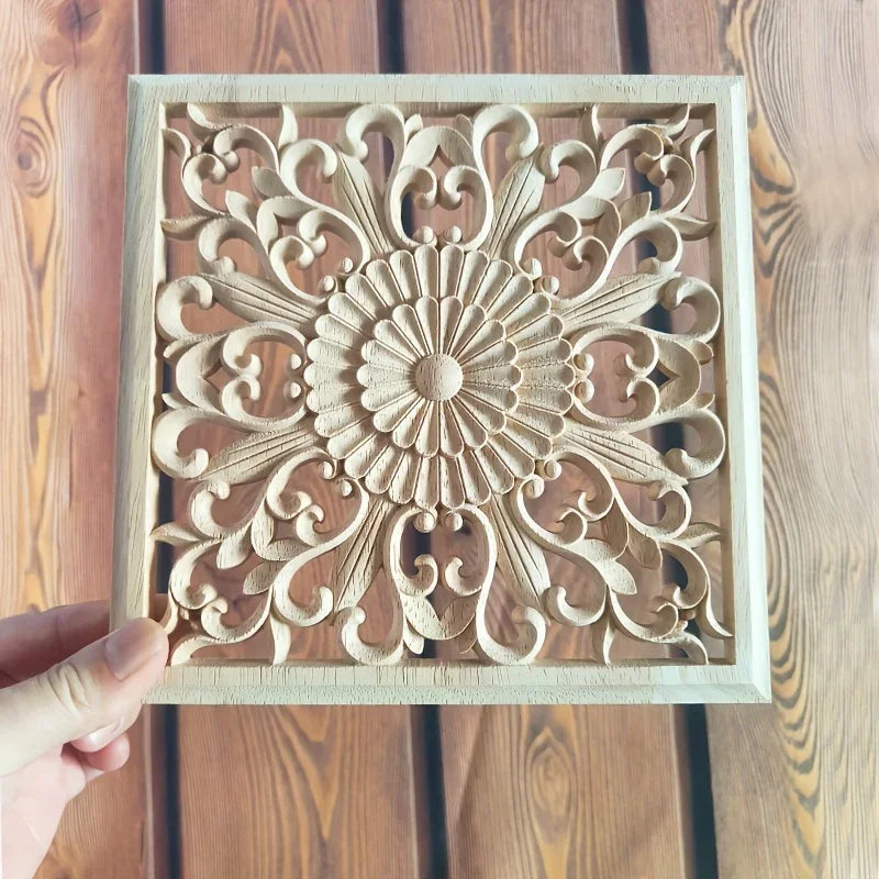 Unpainted wooden square applique, ornamental cornice detail - House of Avana