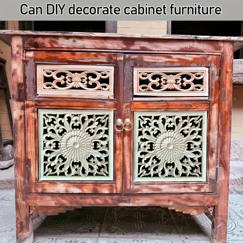 Unpainted wooden square applique, ornamental cornice detail - House of Avana