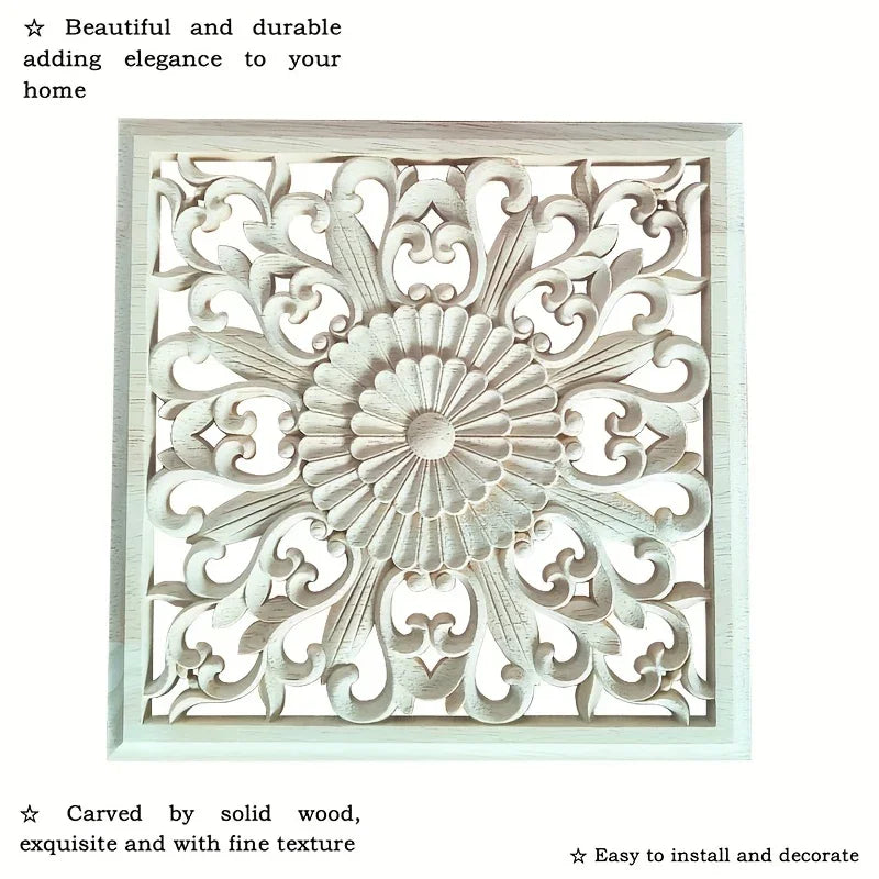 Unpainted wooden square applique, ornamental cornice detail - House of Avana