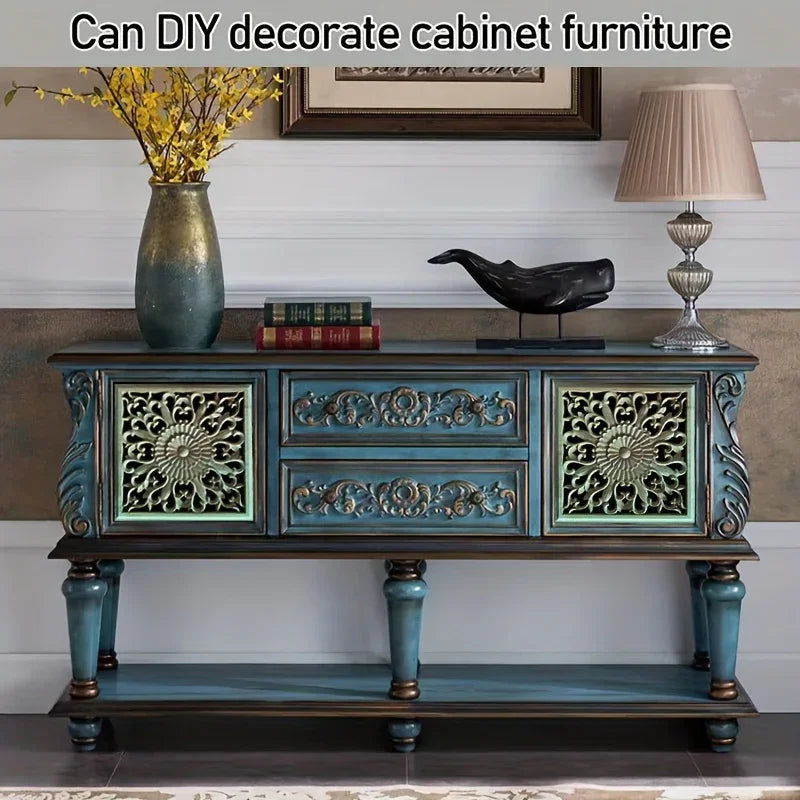 Unpainted wooden square applique, ornamental cornice detail - House of Avana