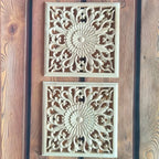 Unpainted wooden square applique, ornamental cornice detail - House of Avana