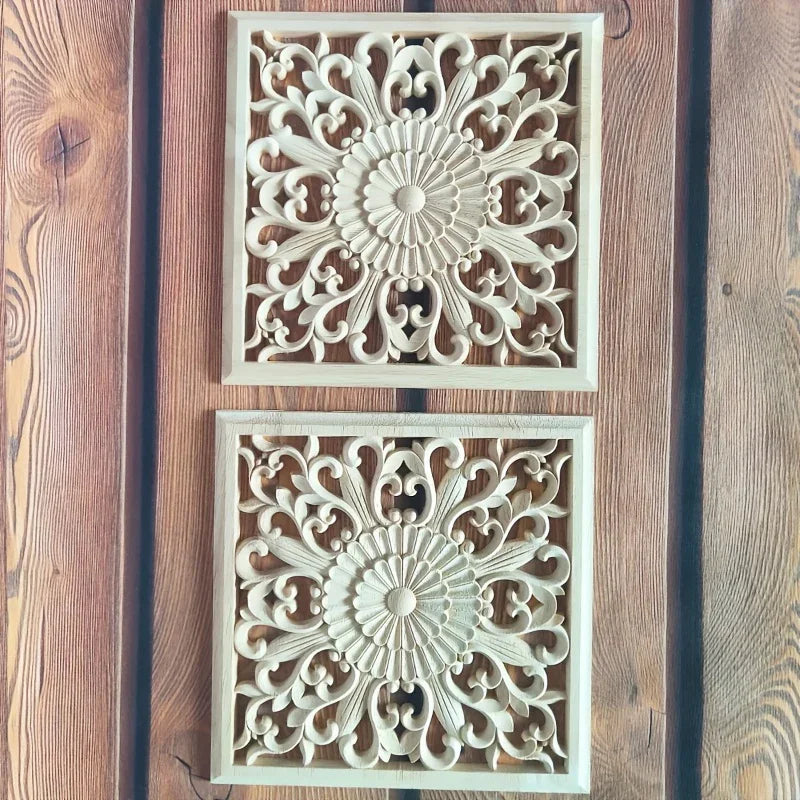 Unpainted wooden square applique, ornamental cornice detail - House of Avana