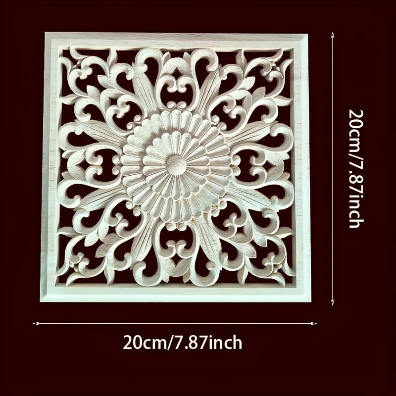 Unpainted wooden square applique, ornamental cornice detail - House of Avana