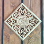 Unpainted wooden square applique, ornamental cornice detail - House of Avana