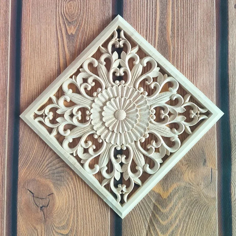 Unpainted wooden square applique, ornamental cornice detail - House of Avana