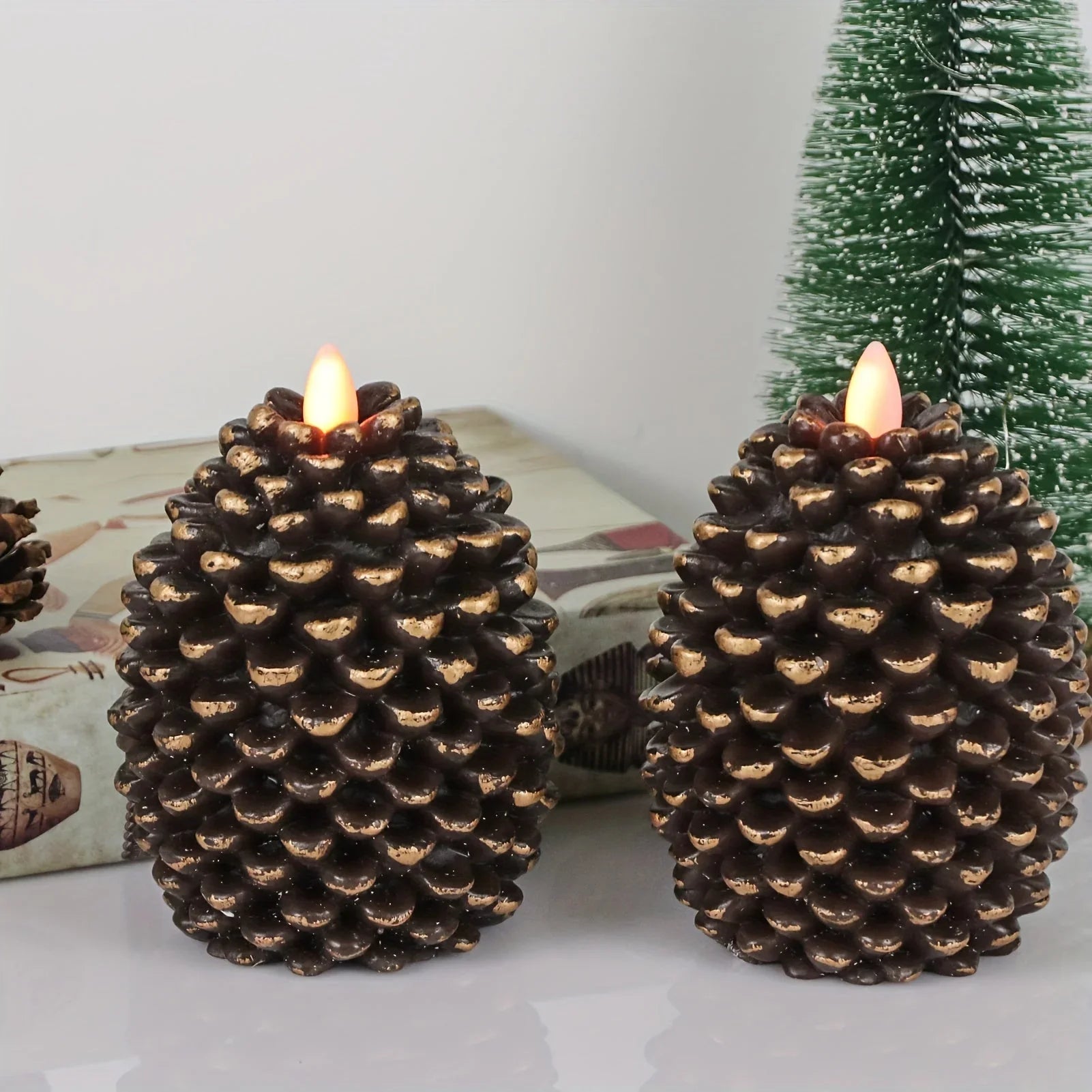 2 Pack Realistic Flickering Pine Cone LED Candles Battery Operated with 6-Hour Timer, Unscented Flameless Wax Candles with Glitter Accents, Oval Shape & Flat Wick for Christmas Holiday Home Decor (Living Room, Tabletop), Fest House Of Avana