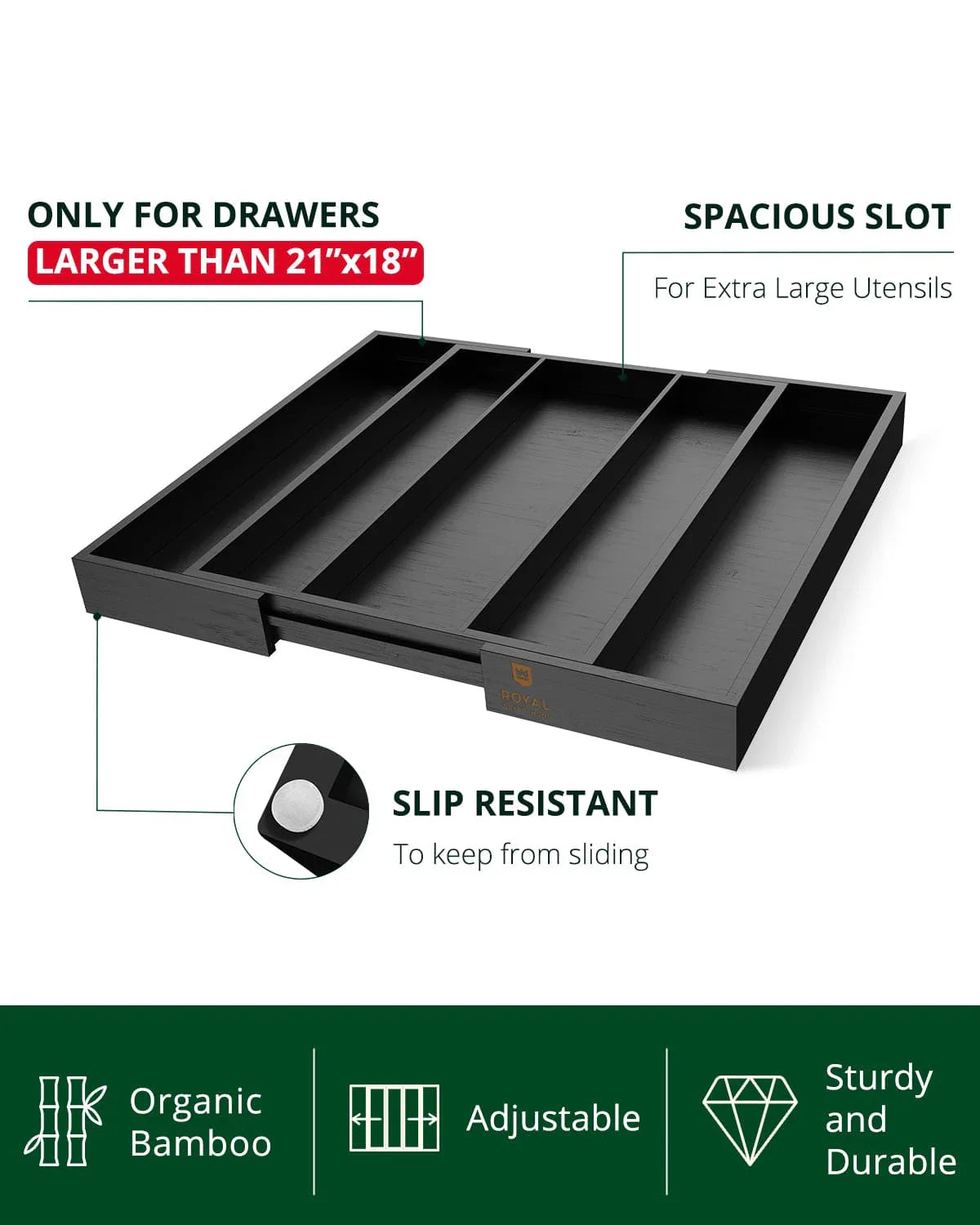 Utensil Drawer Organizer, Black (5 Slots) Royal Craft Wood