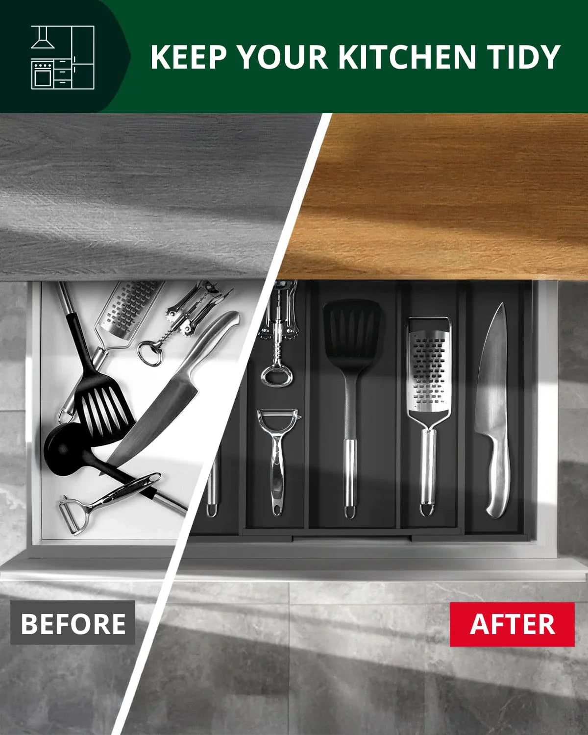 Utensil Drawer Organizer, Black (5 Slots) Royal Craft Wood