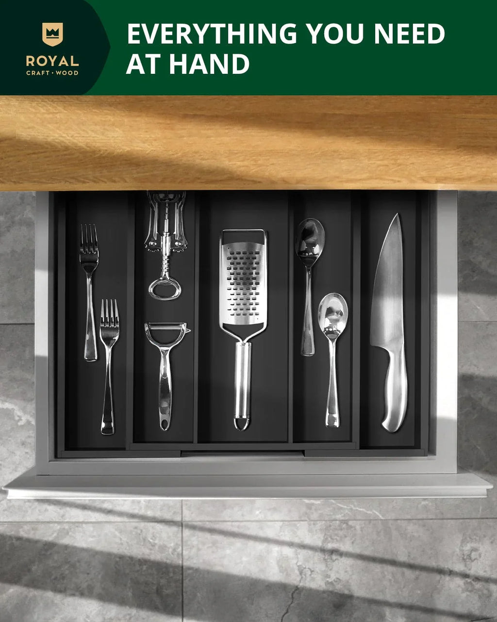 Utensil Drawer Organizer, Black (5 Slots) Royal Craft Wood