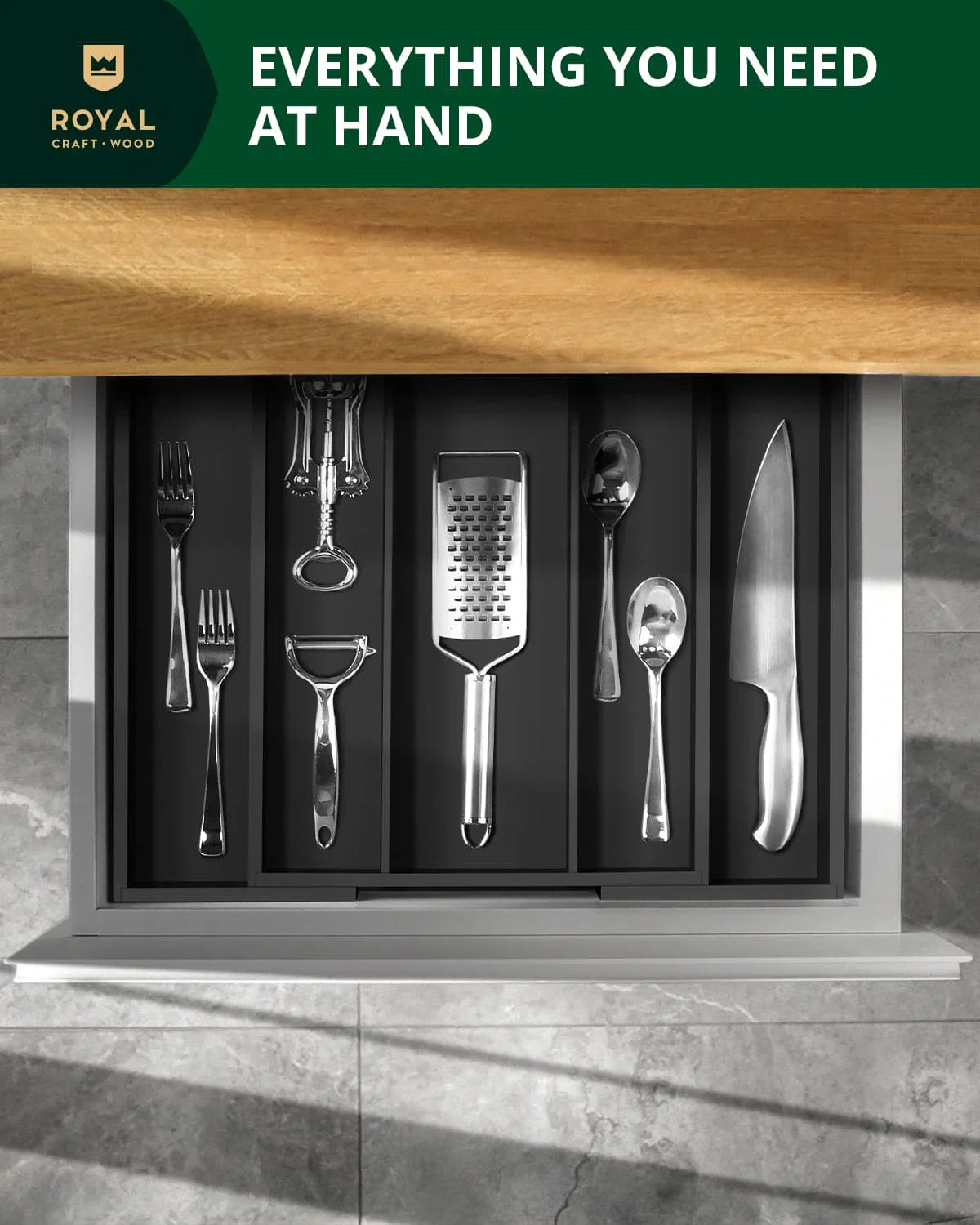 Utensil Drawer Organizer, Black (5 Slots) Royal Craft Wood