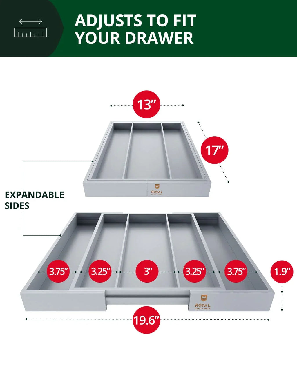 Utensil Drawer Organizer, Gray (5 Slots) Royal Craft Wood