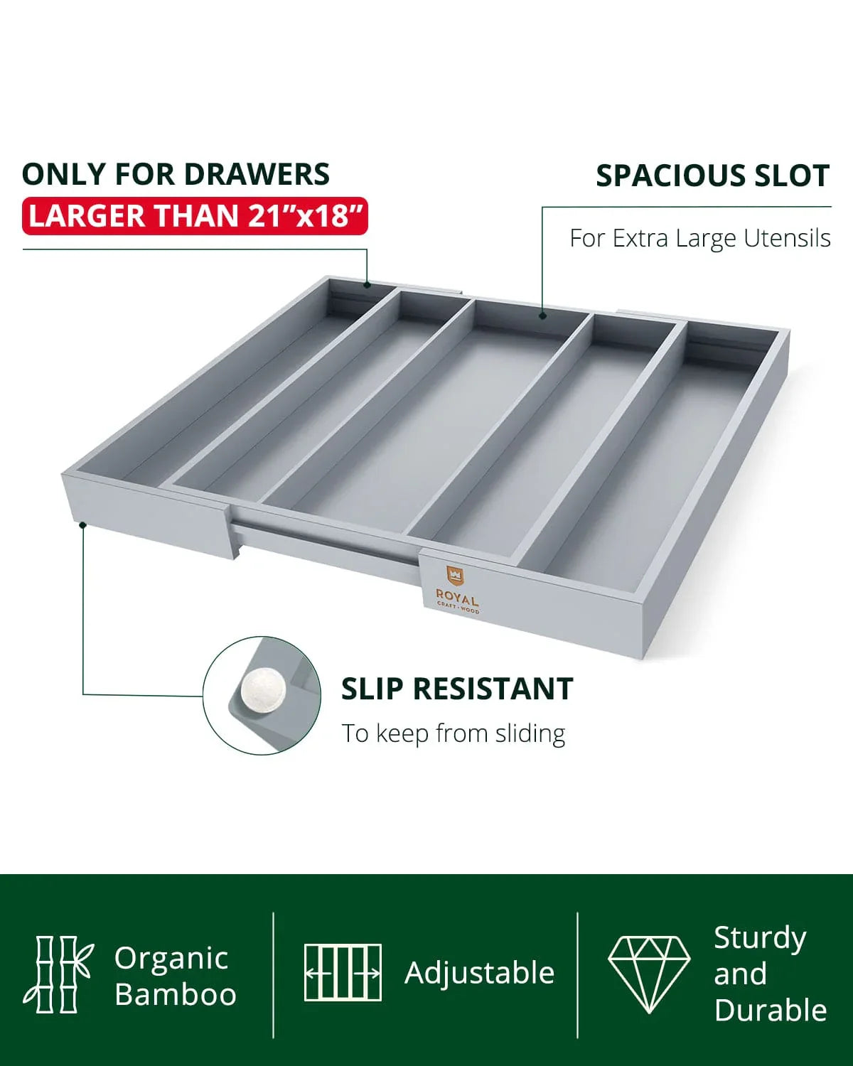 Utensil Drawer Organizer, Gray (5 Slots) Royal Craft Wood