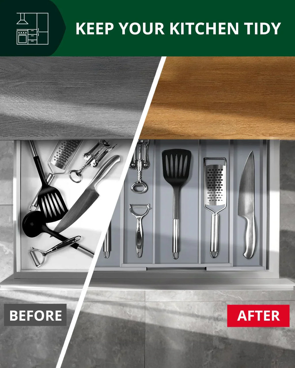 Utensil Drawer Organizer, Gray (5 Slots) Royal Craft Wood