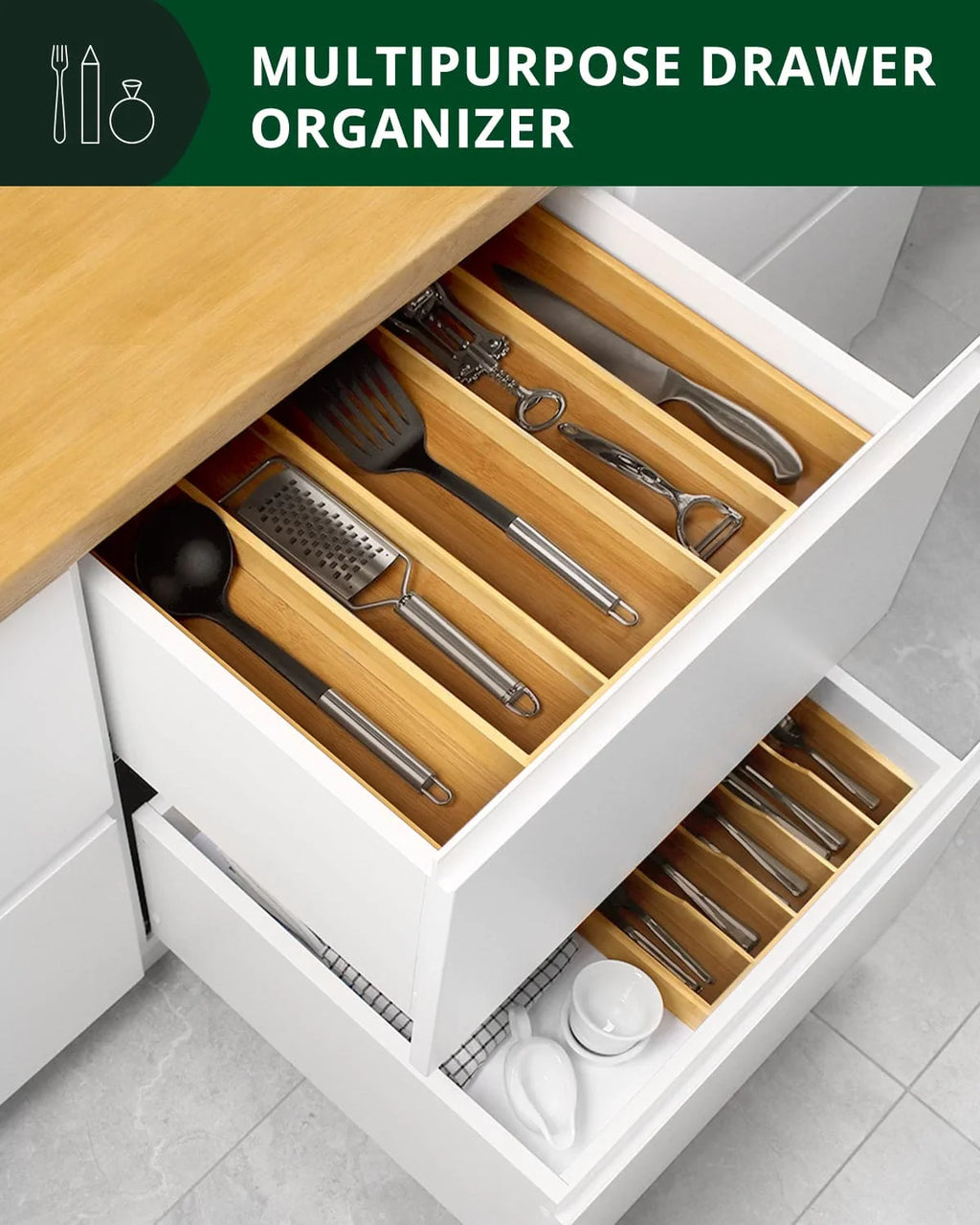 Utensil Drawer Organizer, Natural (5 Slots) Royal Craft Wood