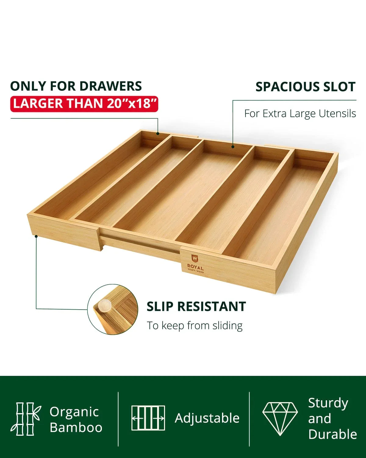 Utensil Drawer Organizer, Natural (5 Slots) Royal Craft Wood