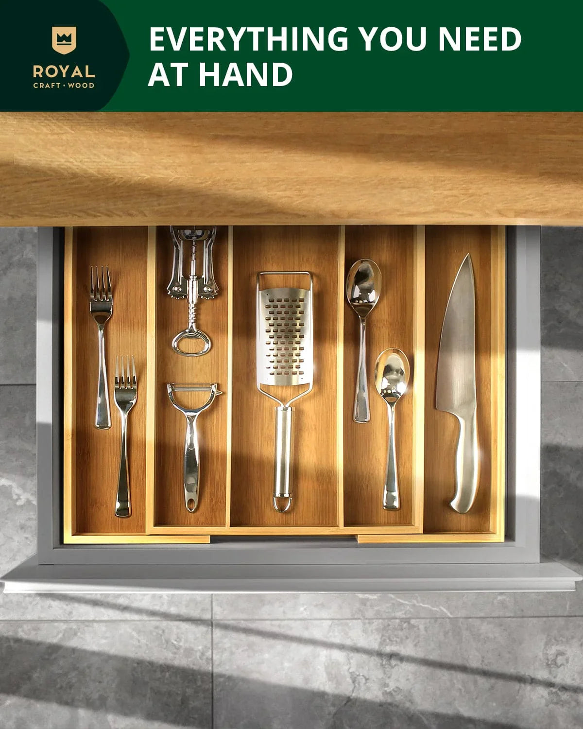 Utensil Drawer Organizer, Natural (5 Slots) Royal Craft Wood