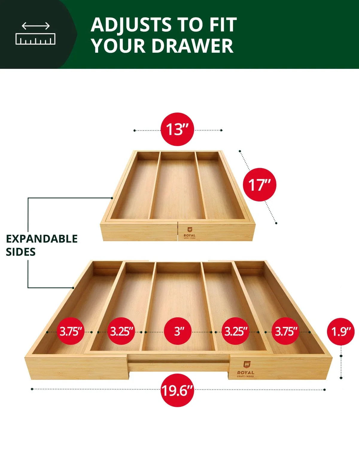 Utensil Drawer Organizer, Natural (5 Slots) Royal Craft Wood