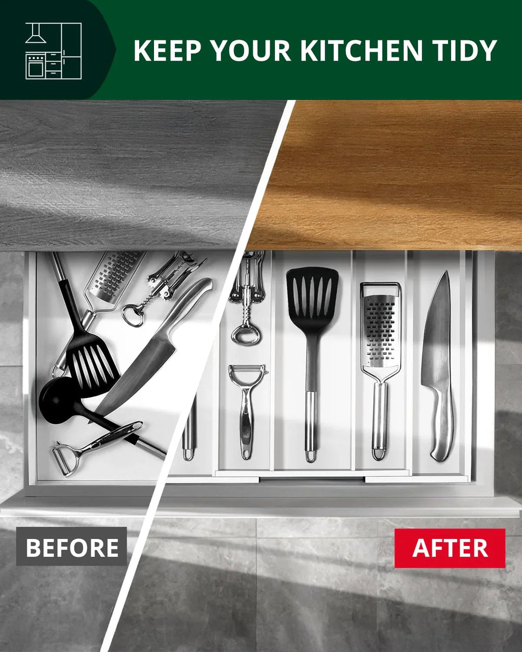 Utensil Drawer Organizer, White (5 Slots) Royal Craft Wood