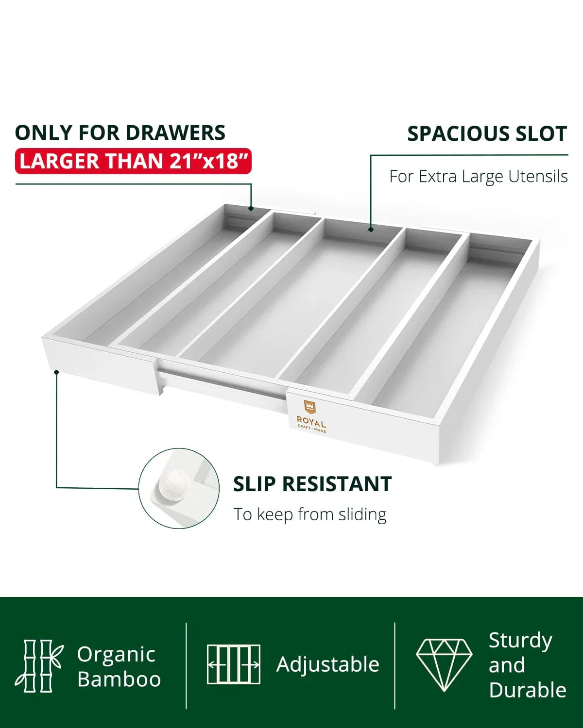 Utensil Drawer Organizer, White (5 Slots) Royal Craft Wood
