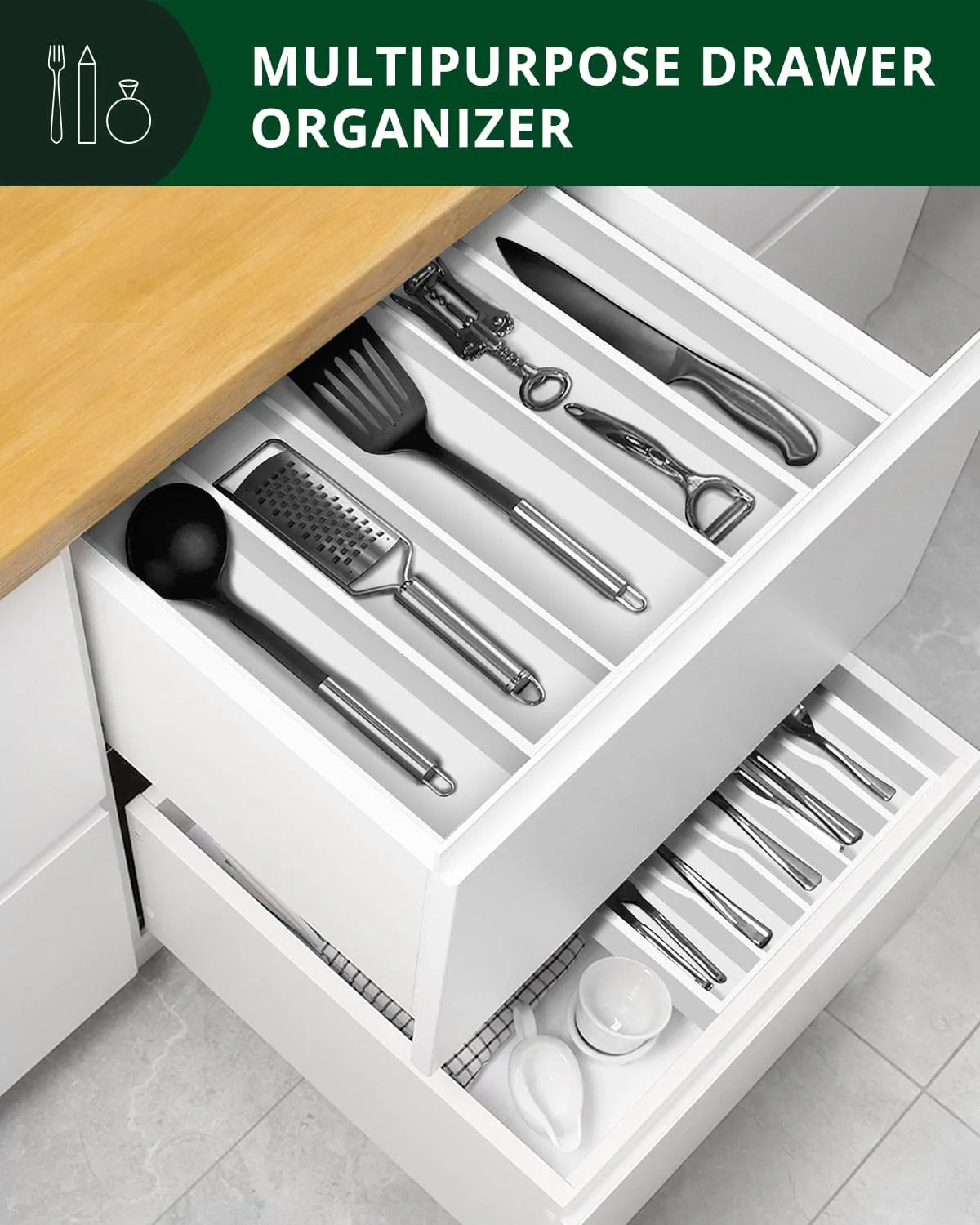 Utensil Drawer Organizer, White (5 Slots) Royal Craft Wood