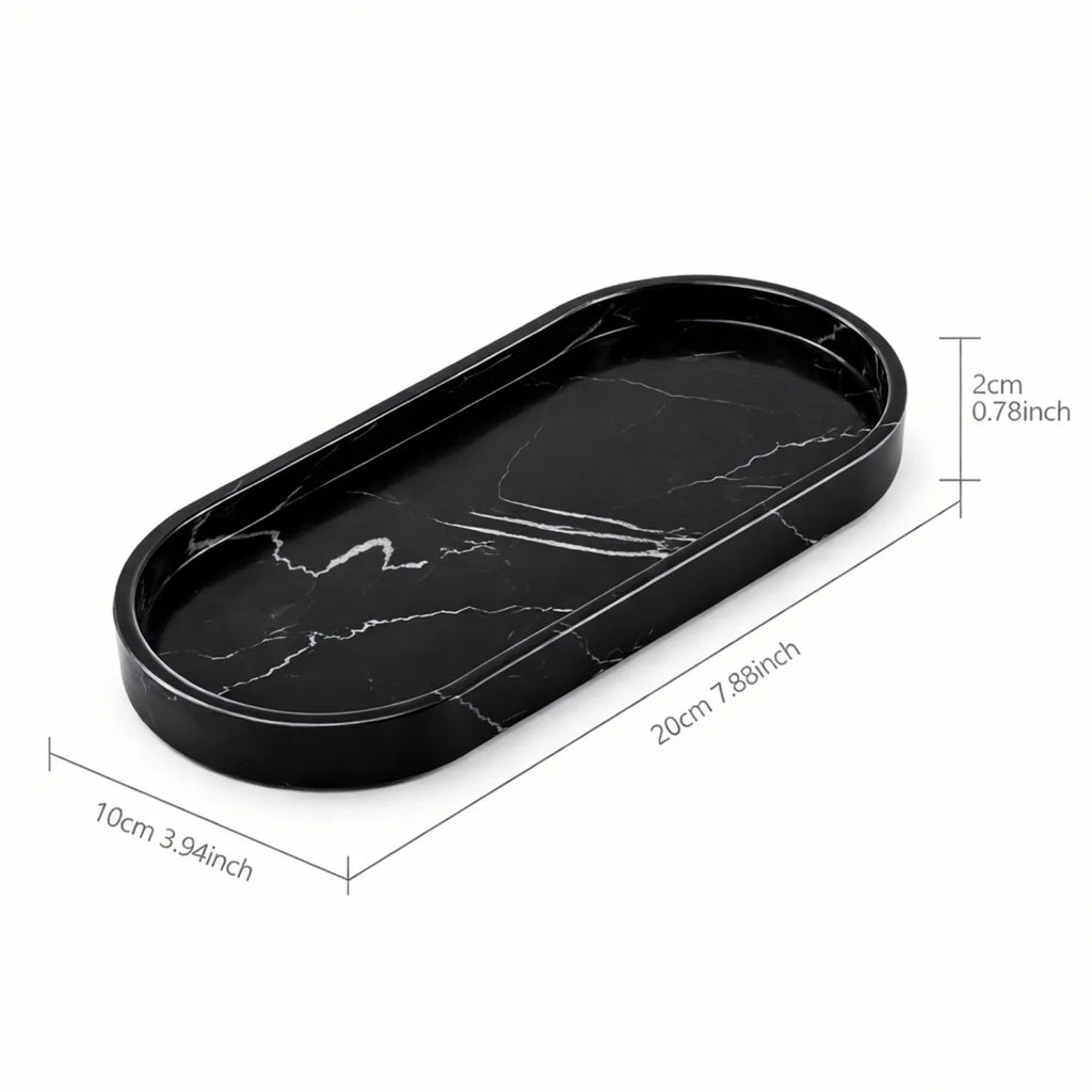 Black marble-patterned tray with dimensions on a white background
