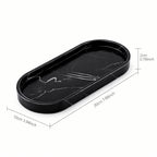 Black marble-patterned tray with dimensions on a white background