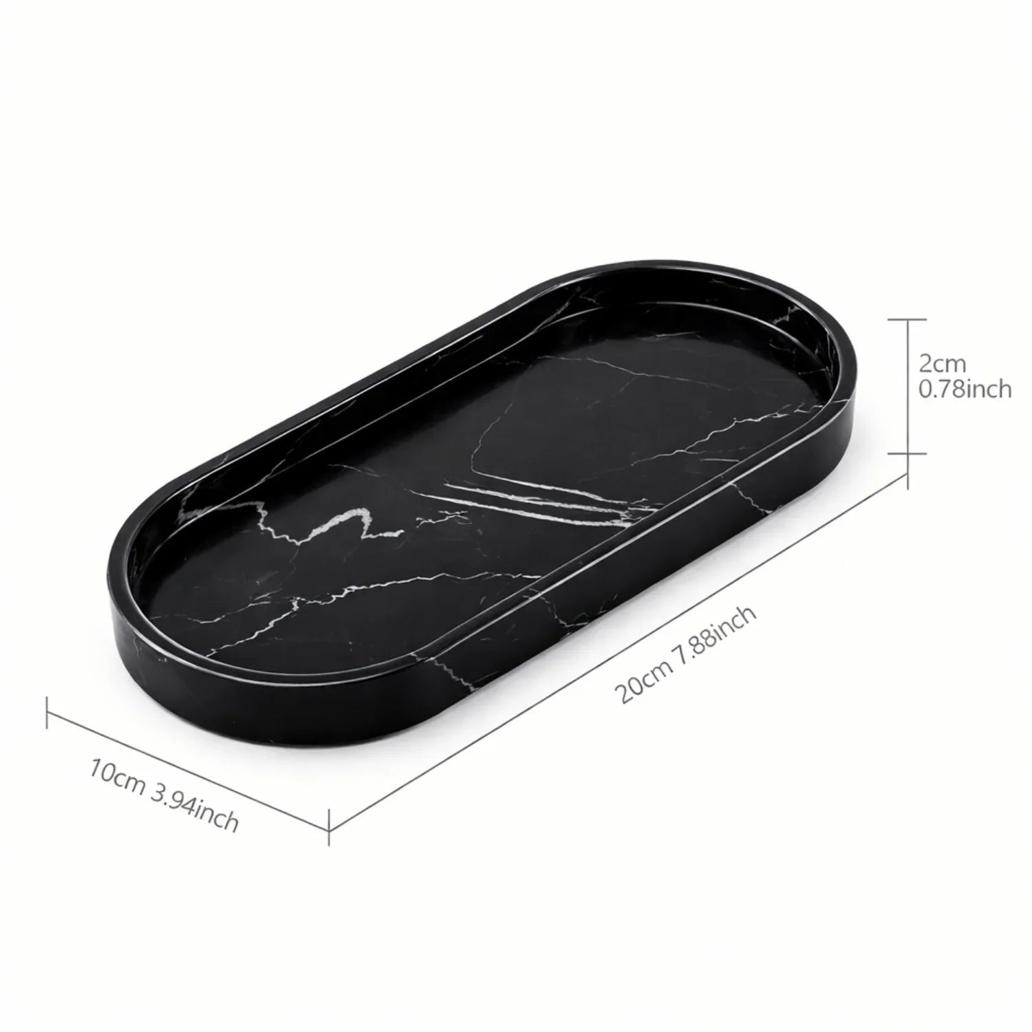 Black marble-patterned tray with dimensions on a white background