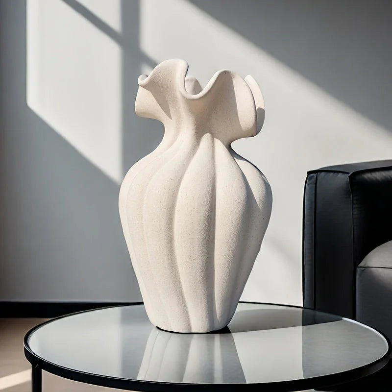 Ceramic Vase 20cm with Striped Skirt Element Design, front view - House Of Avana