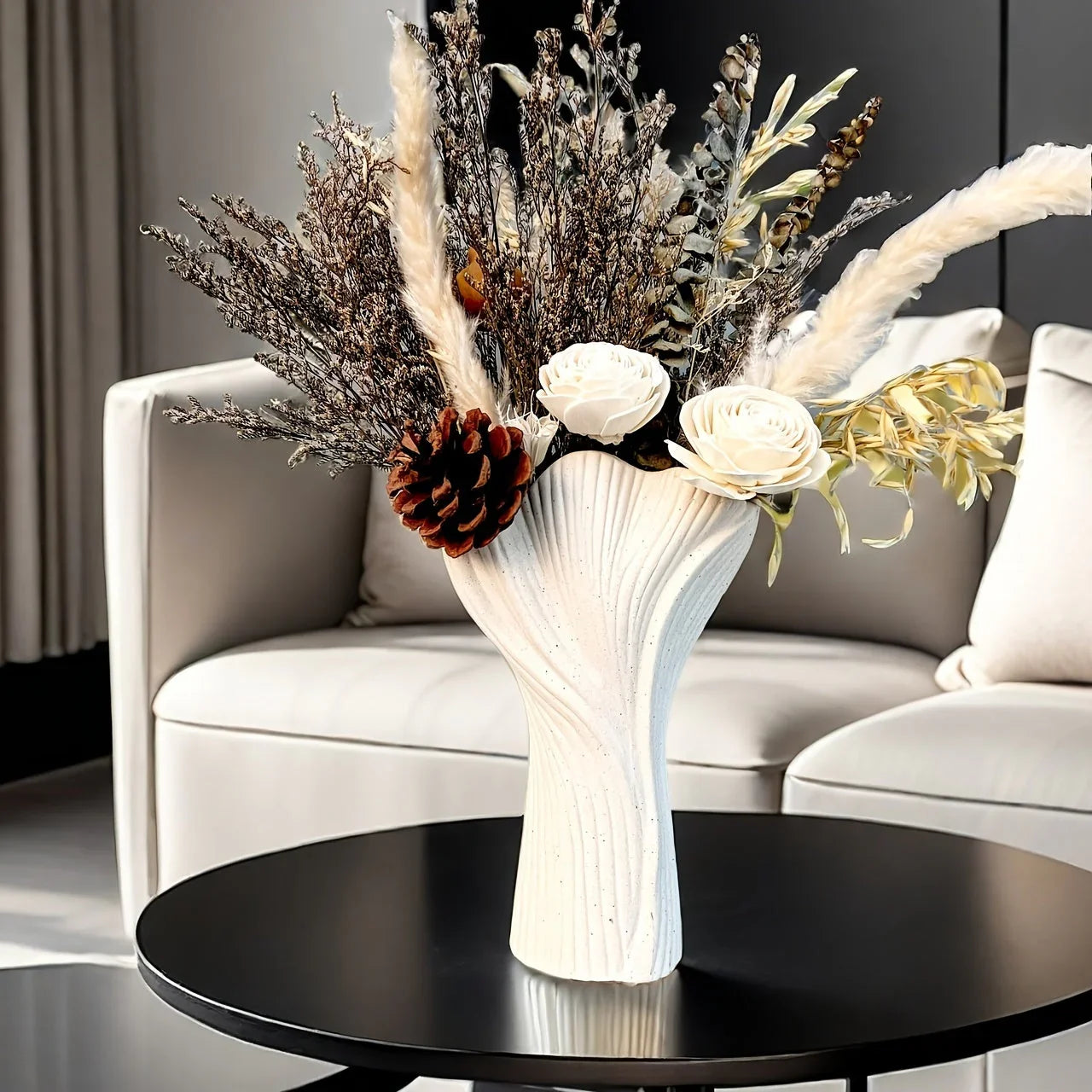 Ceramic Vase with Textured Ridges for Hydroponic Flowers, angled view - House Of Avana