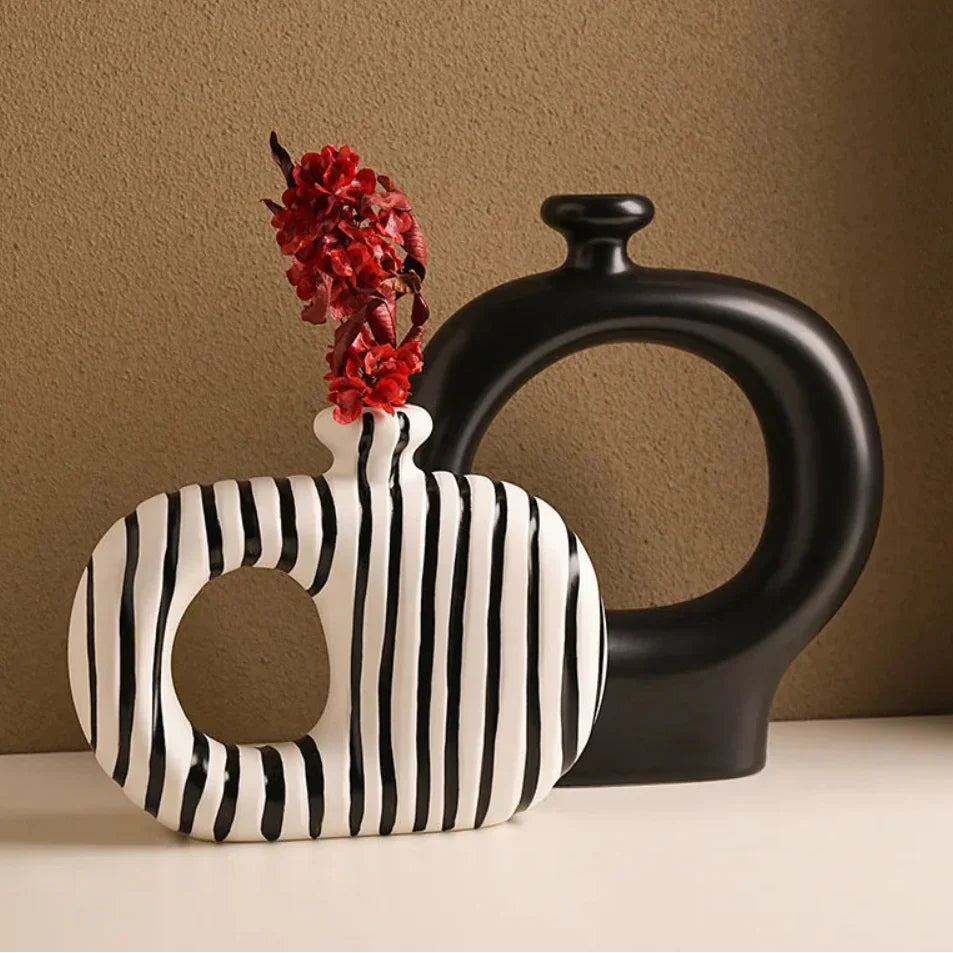 Ceramic Zebra Stripes Vase with Artificial Flowers, Modern Floral Decor, back view - House Of Avana