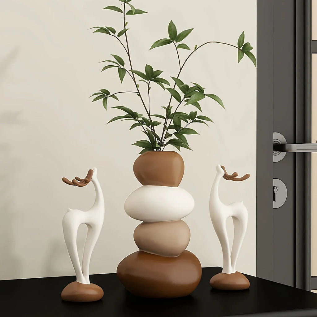 Resin Stacked Stone Vase and Deer Figurine Set, Layered Ornaments, lifestyle image - House Of Avana