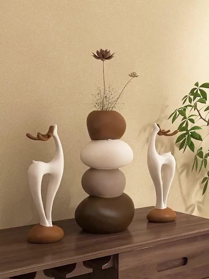 Resin Stacked Stone Vase and Deer Figurine Set, Layered Ornaments, texture detail - House Of Avana