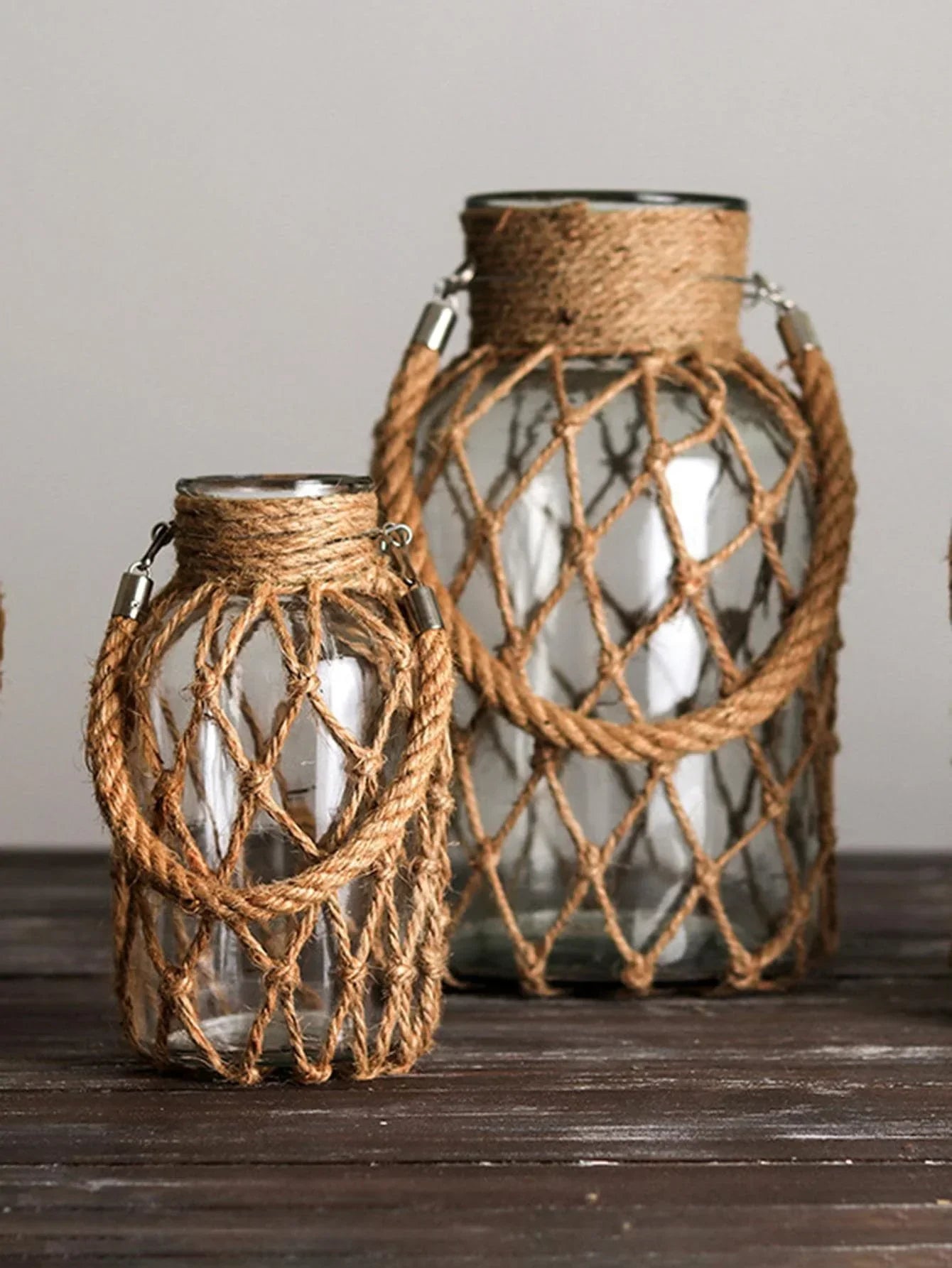 Hemp Glass Vase with Hand Woven Rope Detail, back view - House Of Avana