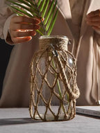 Hemp Glass Vase with Hand Woven Rope Detail, side view - House Of Avana